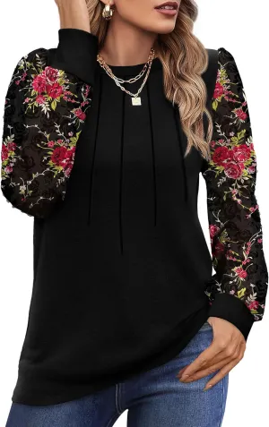 OFEEFAN Long Sleeve Shirts for Women Swiss Dot Puff Sleeve Pleated Fall Tunic Tops Crew Neck Dressy Casual Blouses