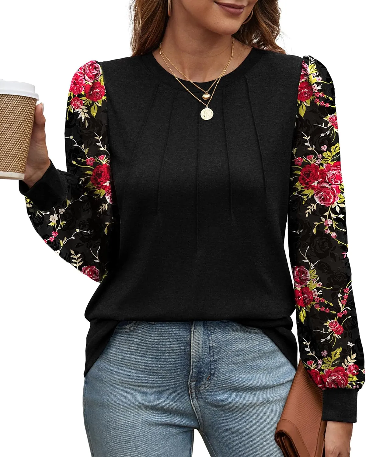 OFEEFAN Long Sleeve Shirts for Women Swiss Dot Puff Sleeve Pleated Fall Tunic Tops Crew Neck Dressy Casual Blouses