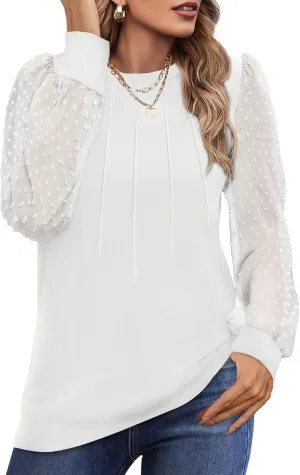 OFEEFAN Long Sleeve Shirts for Women Swiss Dot Puff Sleeve Pleated Fall Tunic Tops Crew Neck Dressy Casual Blouses