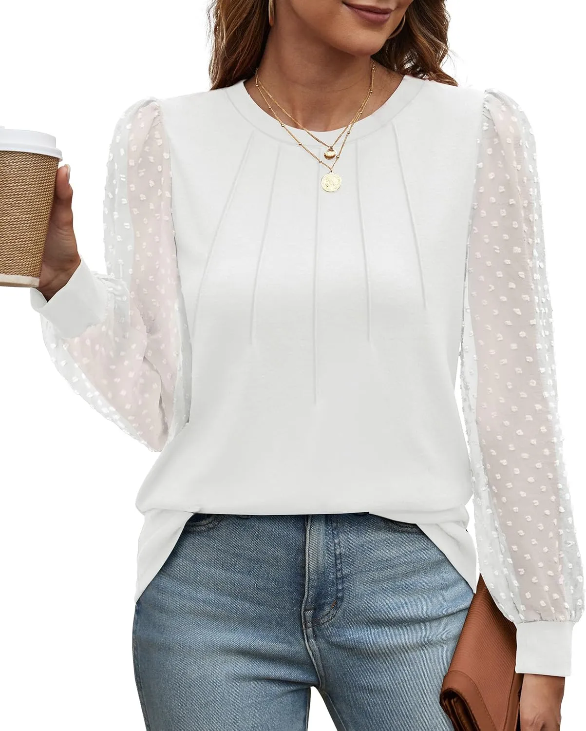 OFEEFAN Long Sleeve Shirts for Women Swiss Dot Puff Sleeve Pleated Fall Tunic Tops Crew Neck Dressy Casual Blouses