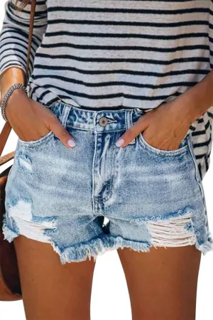 onlypuff Women's Ripped Mid Waisted Denim Shorts with Pockets
