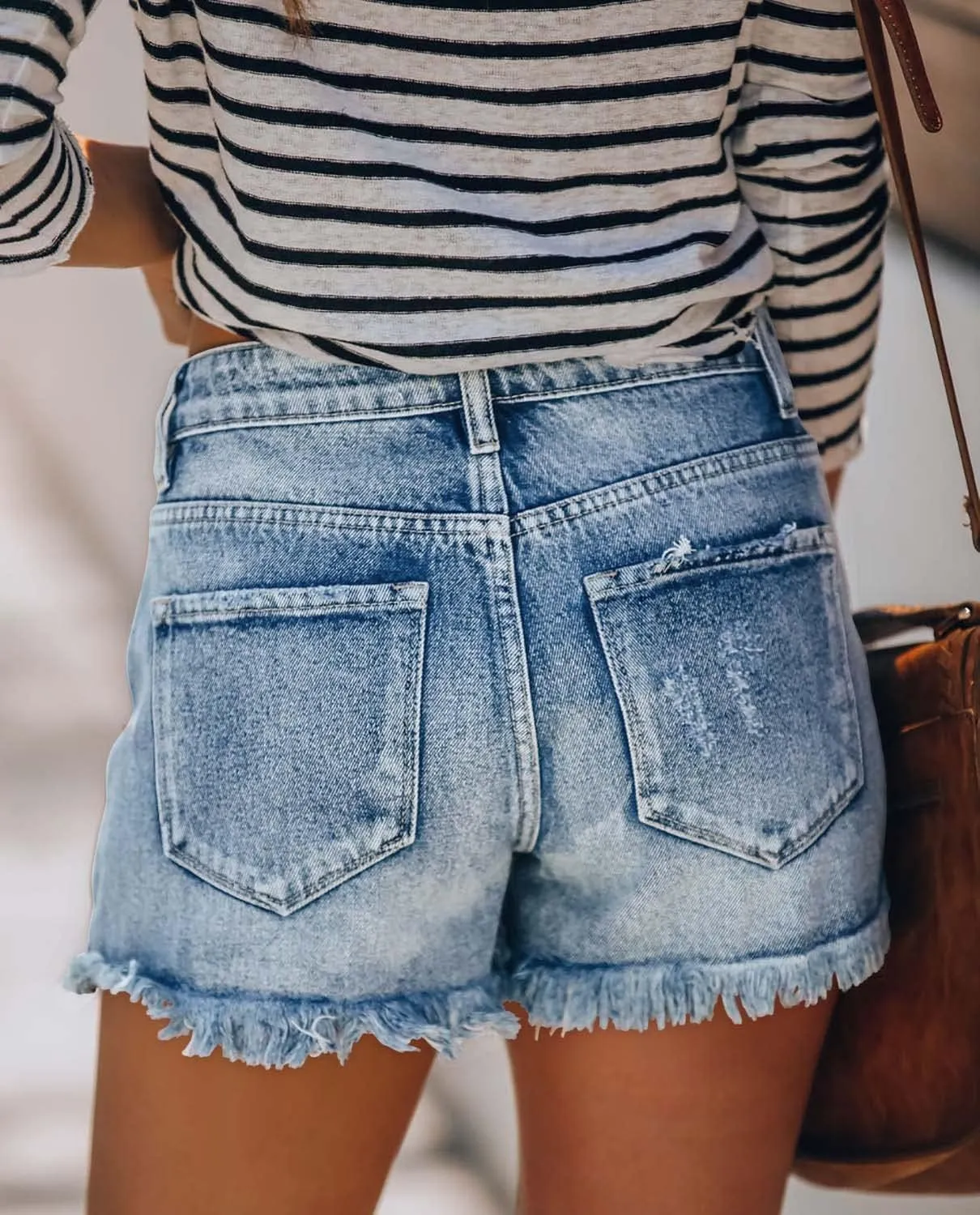 onlypuff Women's Ripped Mid Waisted Denim Shorts with Pockets