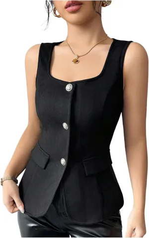 OYOANGLE Women's Button Down Vest Tank Tops Square Neck Fitted Work Dressy Casual Suede Top