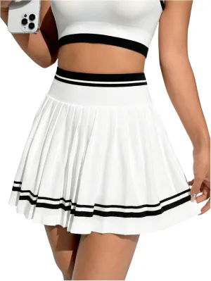 OYOANGLE Women's Striped Pleated Workout Short Skirts High Waisted Mini Skirt with Shorts Athletic Golf Skort
