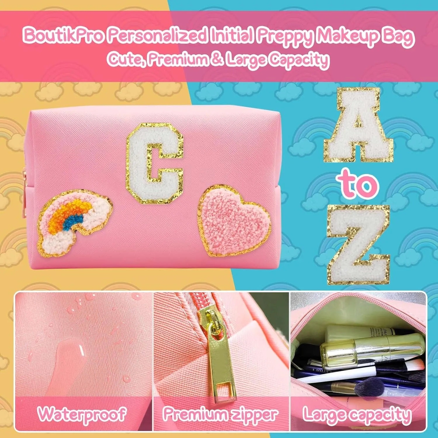 Personalized Inital Preppy Makeup Bag Set with Zipper, Monogram Waterproof Travel Cosmetic Bag for Women, Cute Preppy Patch Toiletry Bag for Traveling Outdoors, Gift Ideal for Christmas Thanksgiving