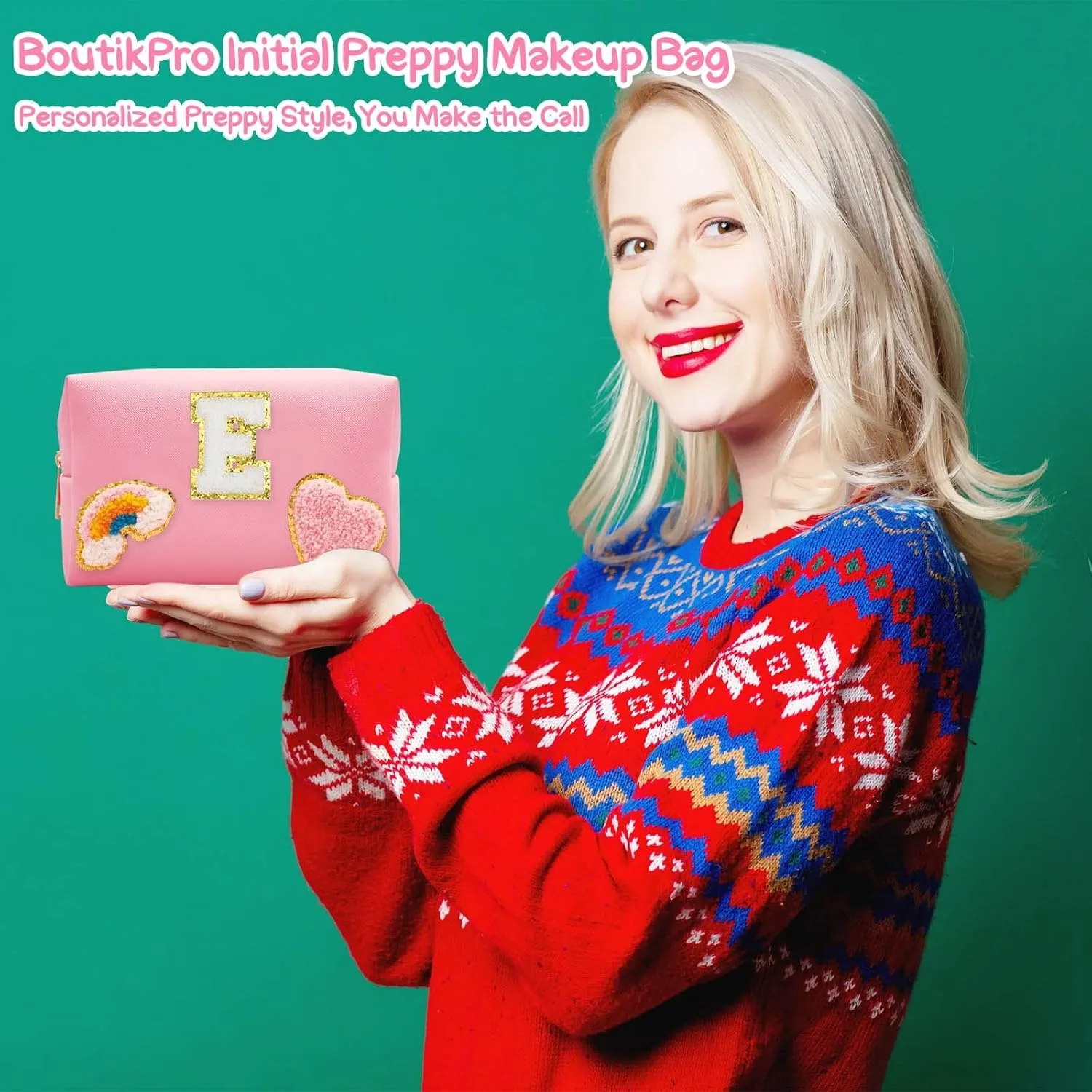 Personalized Inital Preppy Makeup Bag Set with Zipper, Monogram Waterproof Travel Cosmetic Bag for Women, Cute Preppy Patch Toiletry Bag for Traveling Outdoors, Gift Ideal for Christmas Thanksgiving