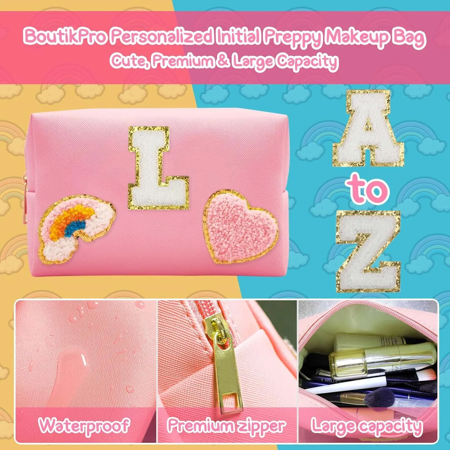 Personalized Inital Preppy Makeup Bag Set with Zipper, Monogram Waterproof Travel Cosmetic Bag for Women, Cute Preppy Patch Toiletry Bag for Traveling Outdoors, Gift Ideal for Christmas Thanksgiving