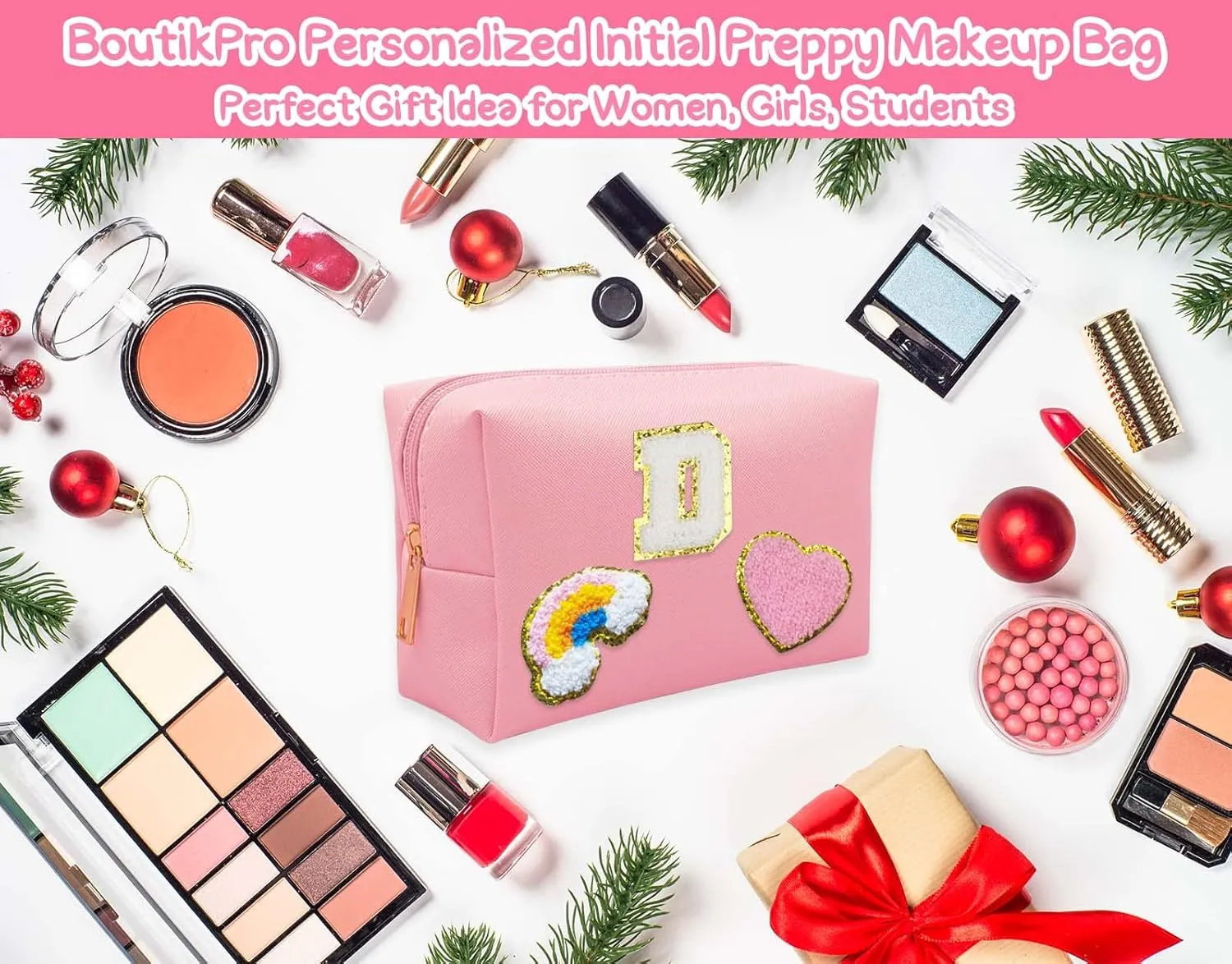 Personalized Inital Preppy Makeup Bag Set with Zipper, Monogram Waterproof Travel Cosmetic Bag for Women, Cute Preppy Patch Toiletry Bag for Traveling Outdoors, Gift Ideal for Christmas Thanksgiving