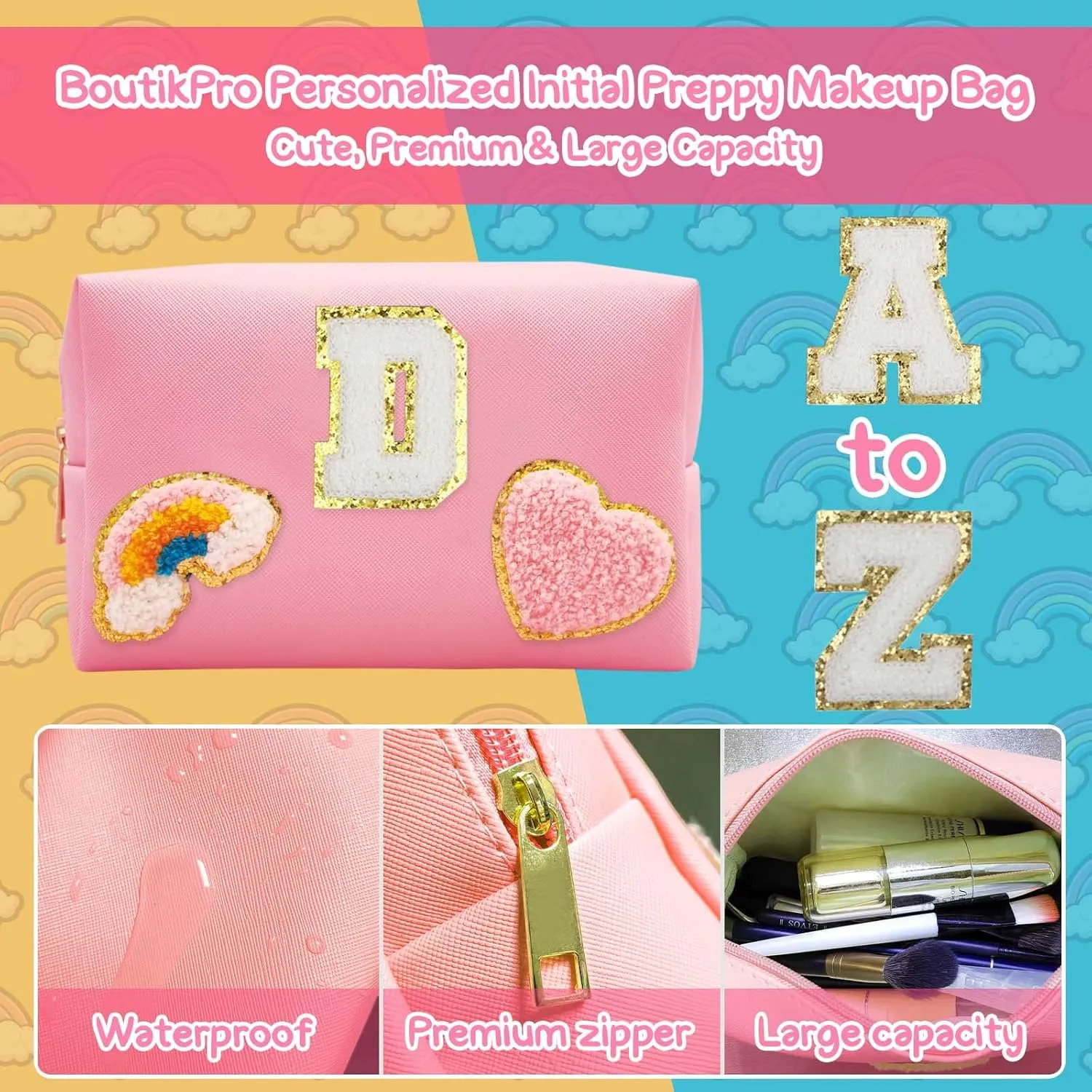 Personalized Inital Preppy Makeup Bag Set with Zipper, Monogram Waterproof Travel Cosmetic Bag for Women, Cute Preppy Patch Toiletry Bag for Traveling Outdoors, Gift Ideal for Christmas Thanksgiving
