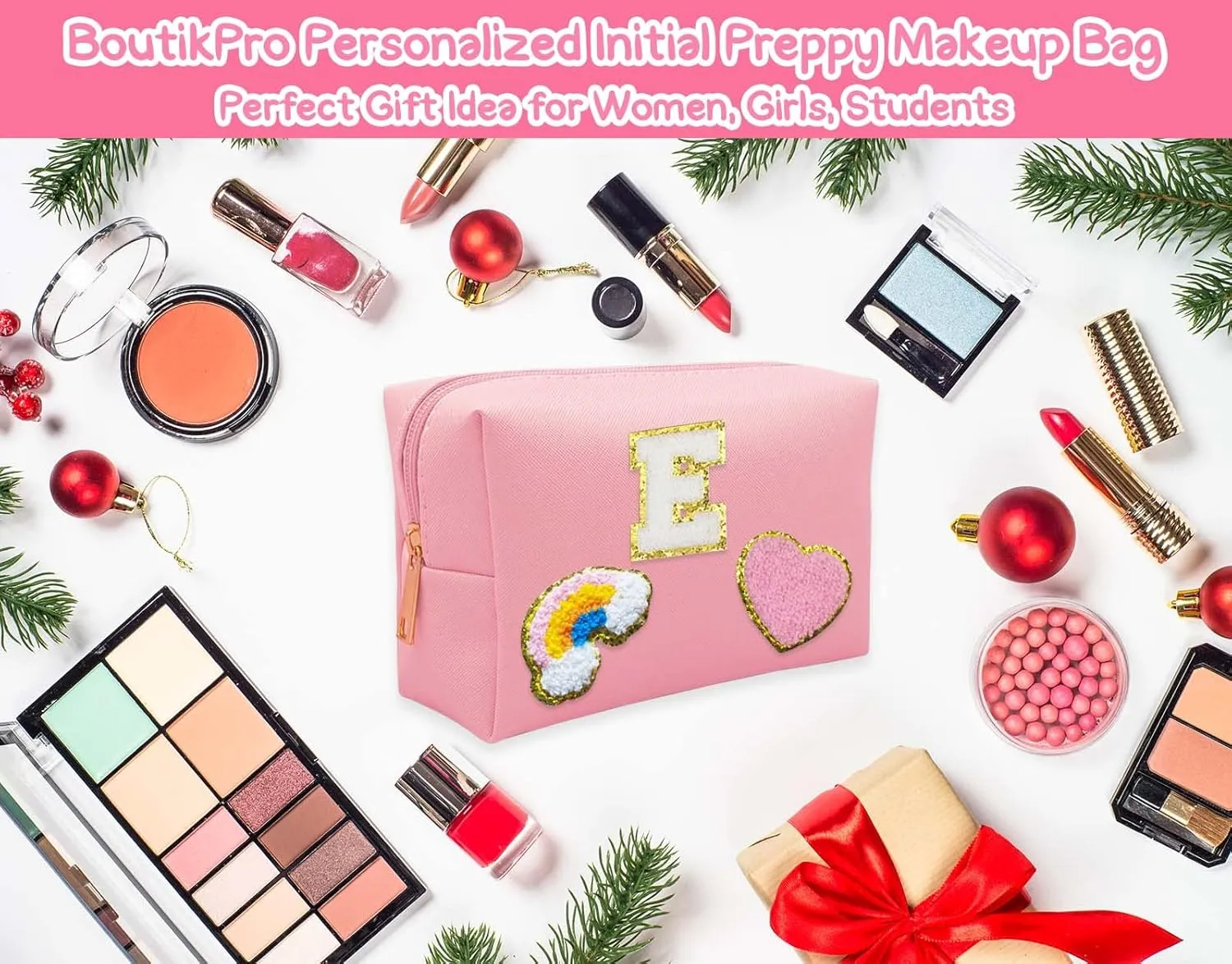 Personalized Inital Preppy Makeup Bag Set with Zipper, Monogram Waterproof Travel Cosmetic Bag for Women, Cute Preppy Patch Toiletry Bag for Traveling Outdoors, Gift Ideal for Christmas Thanksgiving