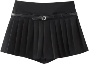 Pleated Shorts Skirts for Women Mid Waist Short with Belt Mini Skort for Women Work Preppy Cloth