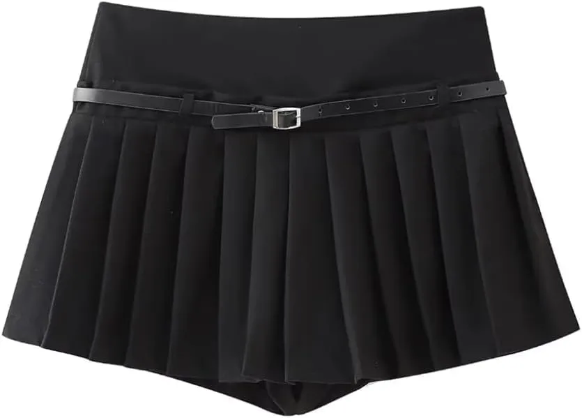 Pleated Shorts Skirts for Women Mid Waist Short with Belt Mini Skort for Women Work Preppy Cloth