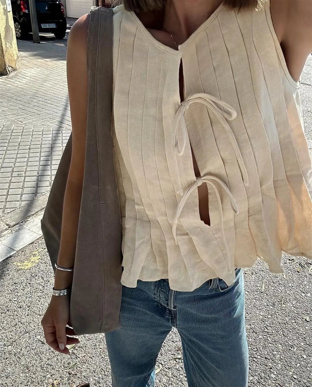 POHADON Womens Y2k Vest Tank Tops Cute Ruffle Cotton Linen Tie Front Shirt Going Out Pleated Summer Cute Lace Up Clothes