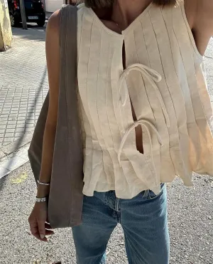 POHADON Womens Y2k Vest Tank Tops Cute Ruffle Cotton Linen Tie Front Shirt Going Out Pleated Summer Cute Lace Up Clothes