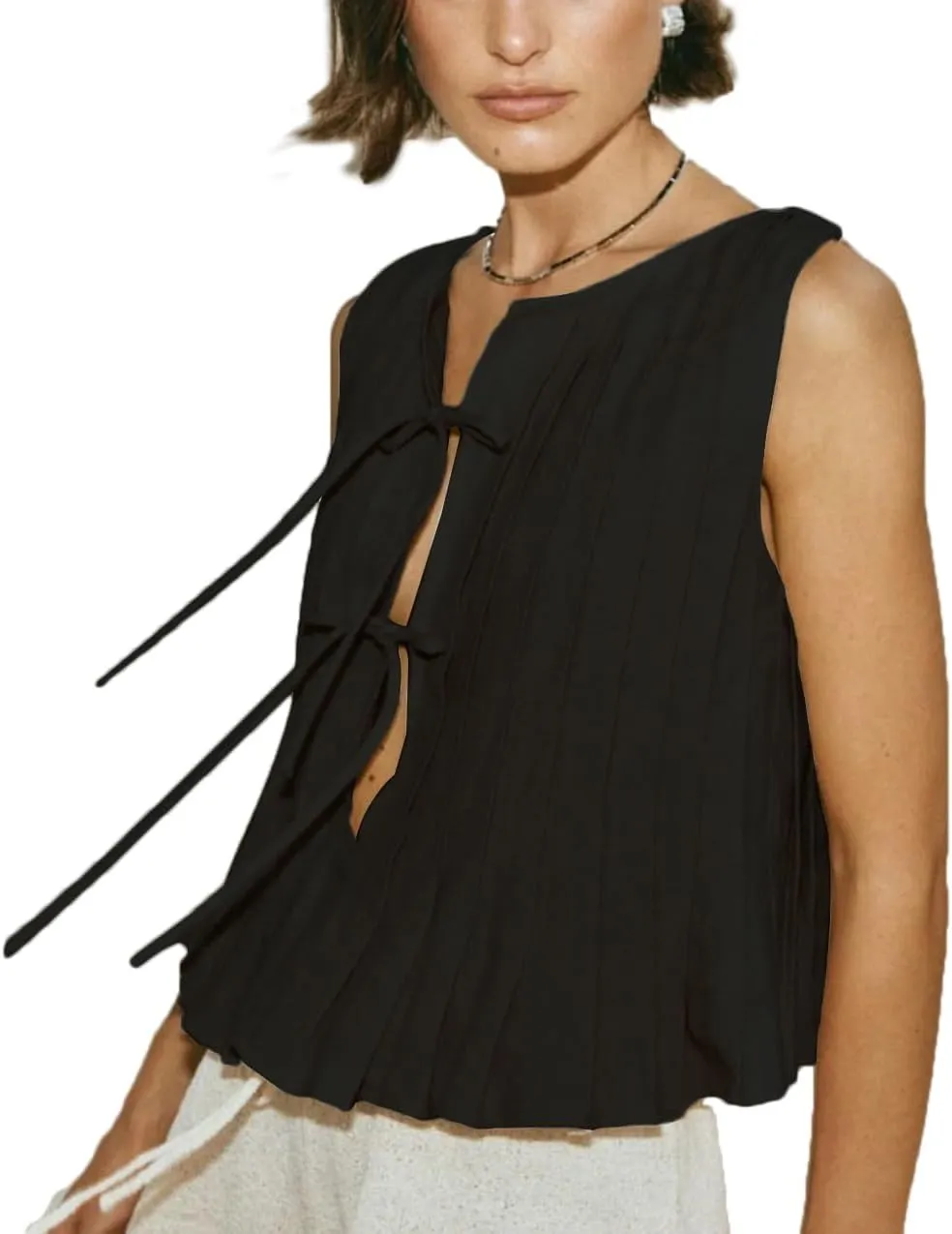 POHADON Womens Y2k Vest Tank Tops Cute Ruffle Cotton Linen Tie Front Shirt Going Out Pleated Summer Cute Lace Up Clothes