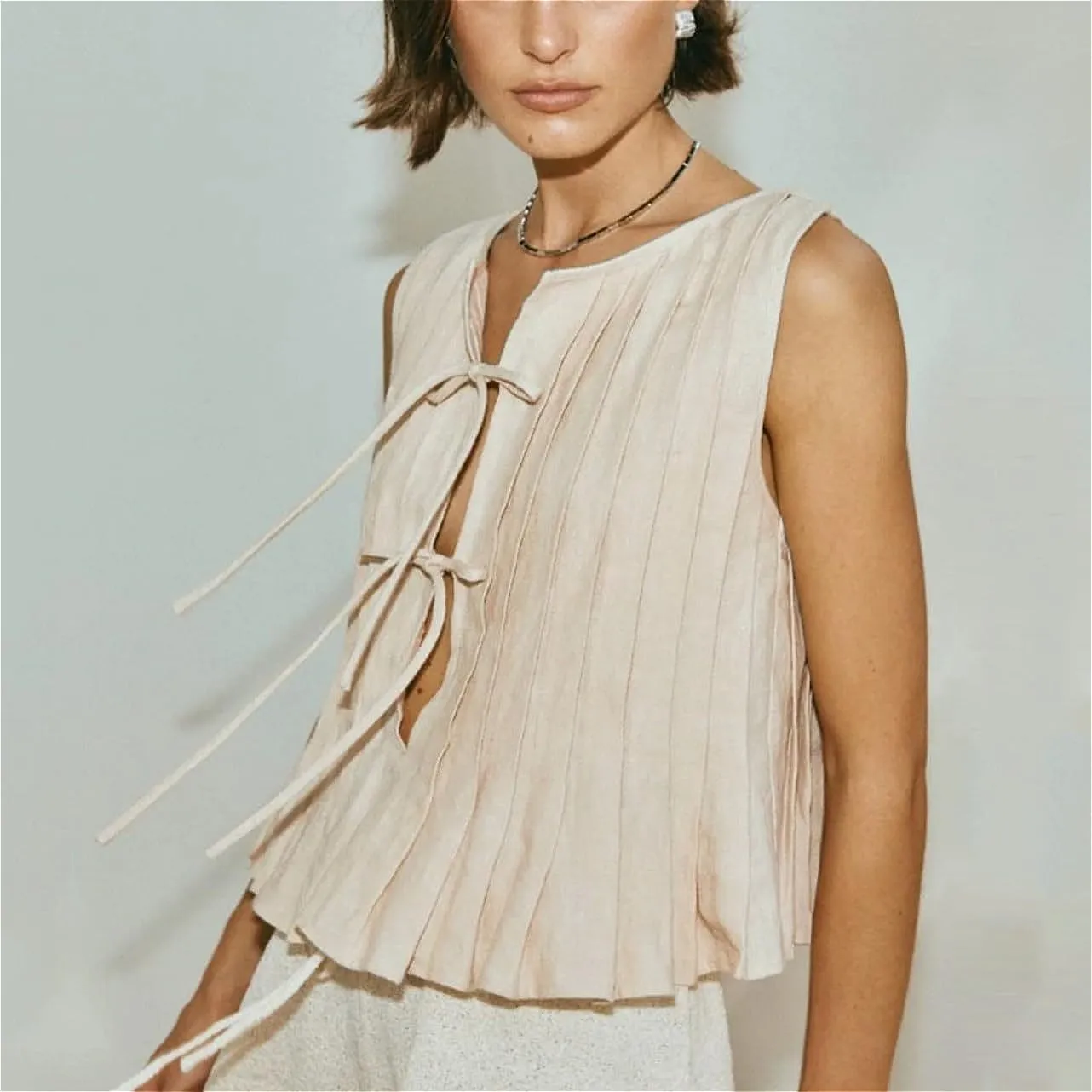 POHADON Womens Y2k Vest Tank Tops Cute Ruffle Cotton Linen Tie Front Shirt Going Out Pleated Summer Cute Lace Up Clothes