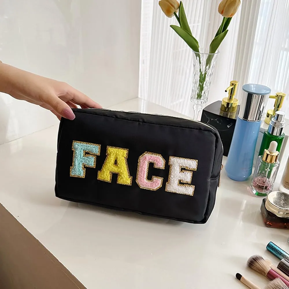 Preppy Patch Makeup Bag, Large Capacity Travel Cosmetic Bag Portable Cosmetic Pouch for Purse Travel Toiletry Zipper Organizer Waterproof Nylon Women Travel Makeup Bag With Handle (Face Black)