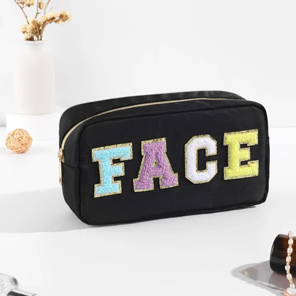 Preppy Patch Makeup Bag, Large Capacity Travel Cosmetic Bag Portable Cosmetic Pouch for Purse Travel Toiletry Zipper Organizer Waterproof Nylon Women Travel Makeup Bag With Handle (Face Black)