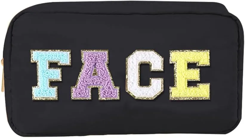 Preppy Patch Makeup Bag, Large Capacity Travel Cosmetic Bag Portable Cosmetic Pouch for Purse Travel Toiletry Zipper Organizer Waterproof Nylon Women Travel Makeup Bag With Handle (Face Black)