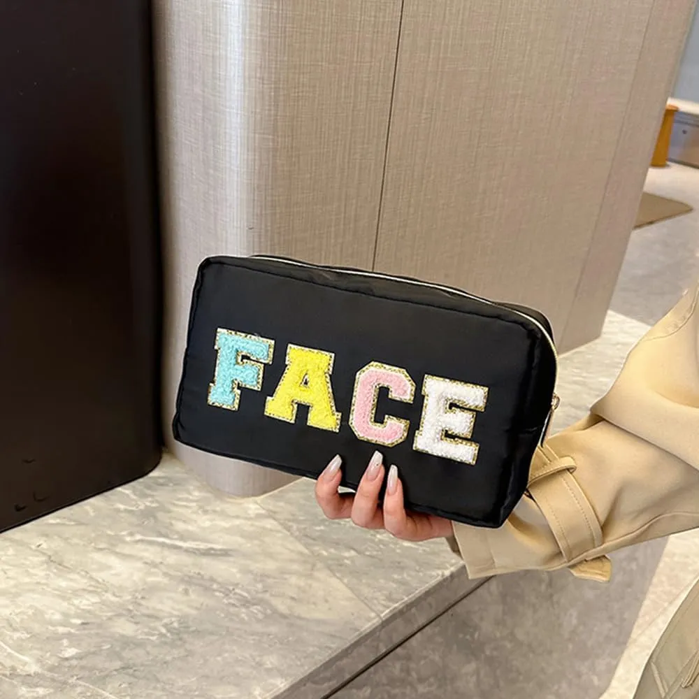 Preppy Patch Makeup Bag, Large Capacity Travel Cosmetic Bag Portable Cosmetic Pouch for Purse Travel Toiletry Zipper Organizer Waterproof Nylon Women Travel Makeup Bag With Handle (Face Black)