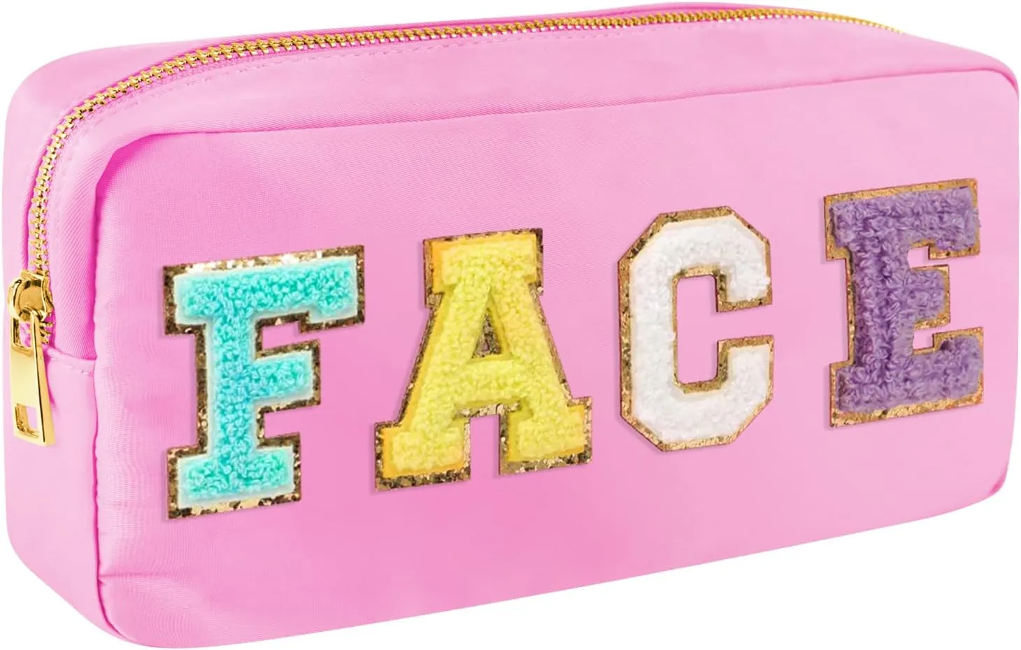 Preppy Patch Makeup Bag-Nylon Cosmetic Preppy Makeup Face Bag with Zipper-Varsity Chenille Letter Makeup Travel Organizer Valentines Bag that Kid Valentines Day Present for Her and Him