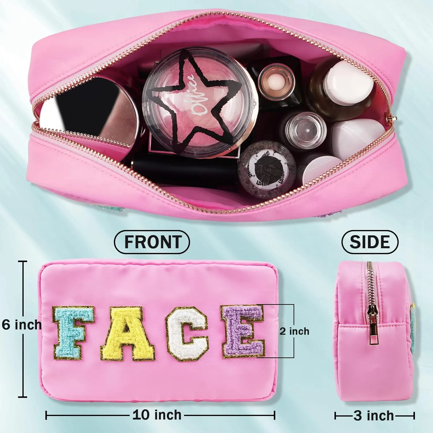 Preppy Patch Makeup Bag-Nylon Cosmetic Preppy Makeup Face Bag with Zipper-Varsity Chenille Letter Makeup Travel Organizer Valentines Bag that Kid Valentines Day Present for Her and Him