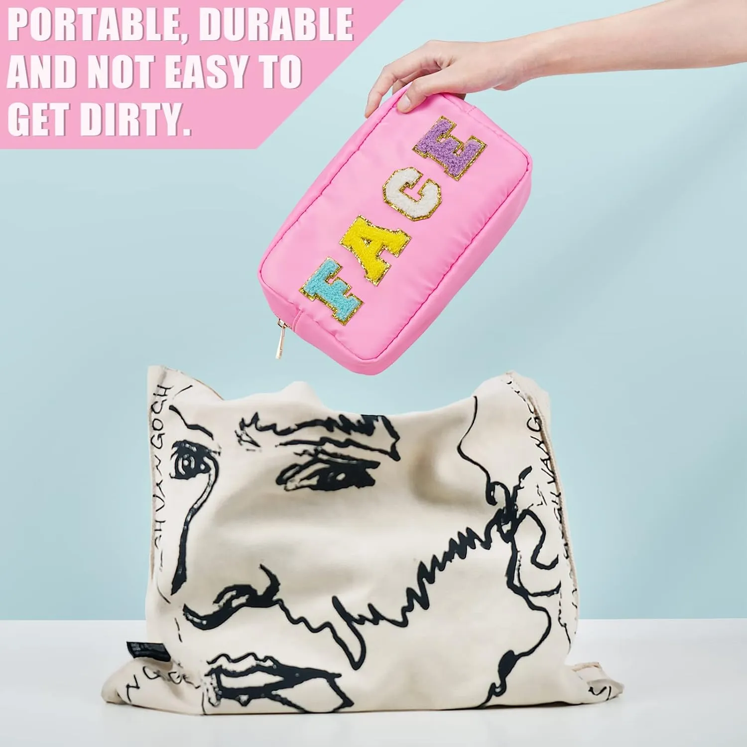 Preppy Patch Makeup Bag-Nylon Cosmetic Preppy Makeup Face Bag with Zipper-Varsity Chenille Letter Makeup Travel Organizer Valentines Bag that Kid Valentines Day Present for Her and Him
