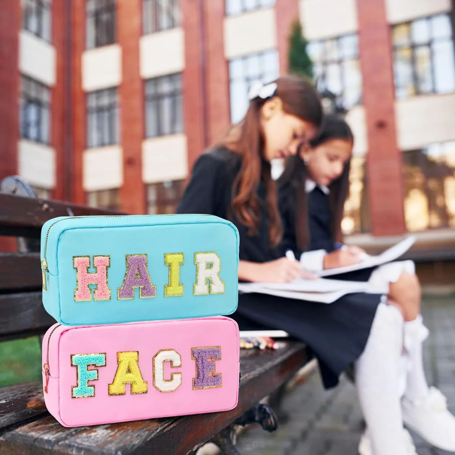 Preppy Patch Makeup Bag-Nylon Cosmetic Preppy Makeup Face Bag with Zipper-Varsity Chenille Letter Makeup Travel Organizer Valentines Bag that Kid Valentines Day Present for Her and Him