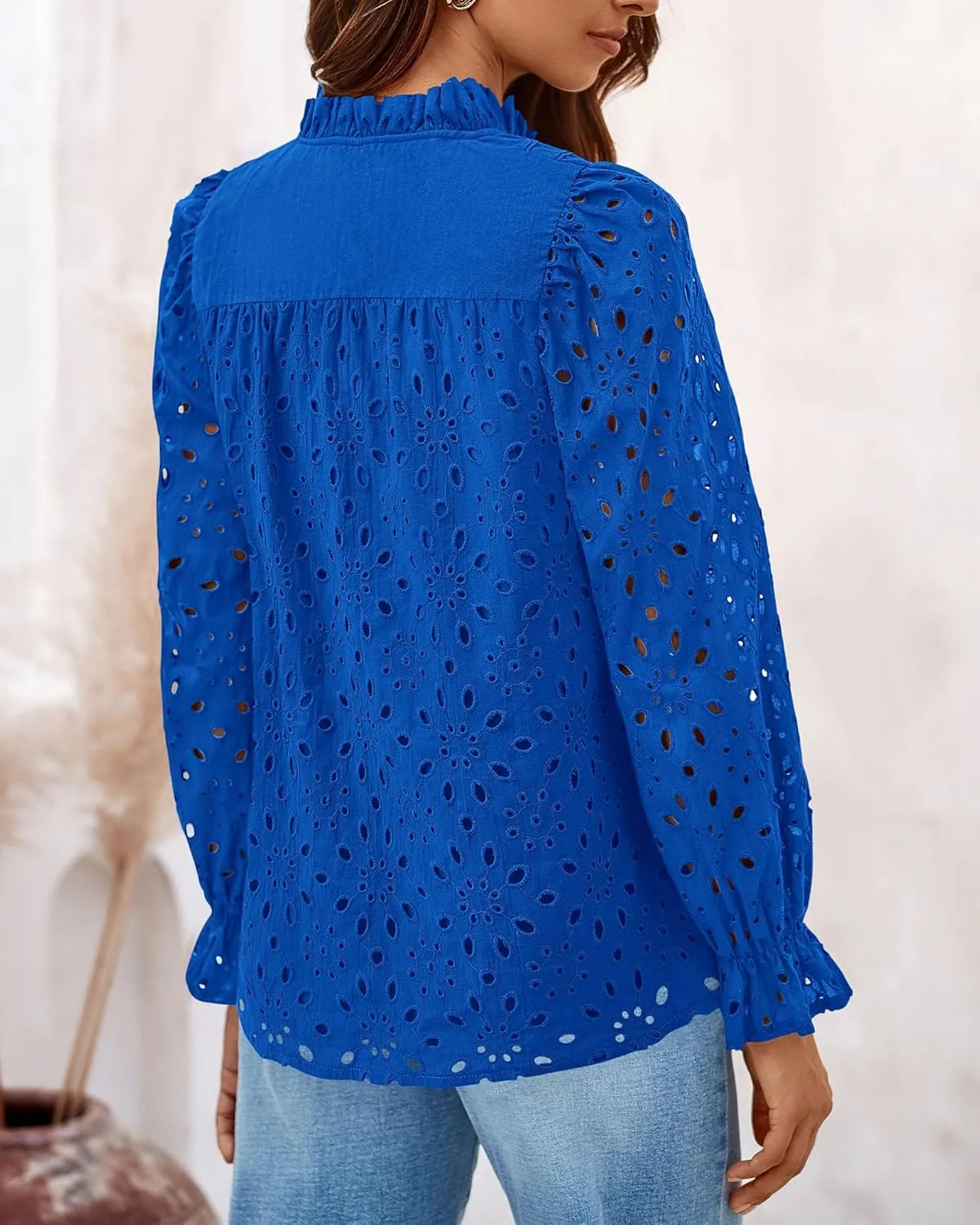 PRETTYGARDEN Women's Dressy Casual Blouse Tops Fall Spring Puff Long Sleeve Button V Neck Hollow Out Lace Embroidered Shirts