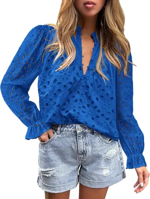 PRETTYGARDEN Women's Dressy Casual Blouse Tops Fall Spring Puff Long Sleeve Button V Neck Hollow Out Lace Embroidered Shirts