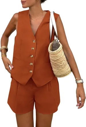 PRETTYGARDEN Women's Summer 2 Piece Outfits Sleeveless Matching Sets Button Down V Neck Vest Waistcoat and Pockets Shorts