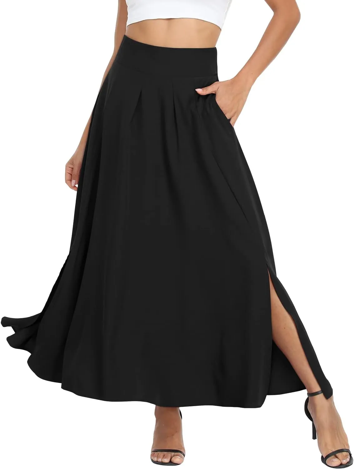 RANPHEE Women's Ankle Length High Waist A-line Flowy Long Maxi Skirt with Pockets