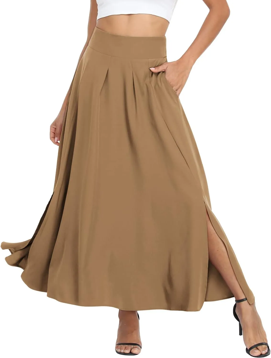 RANPHEE Women's Ankle Length High Waist A-line Flowy Long Maxi Skirt with Pockets