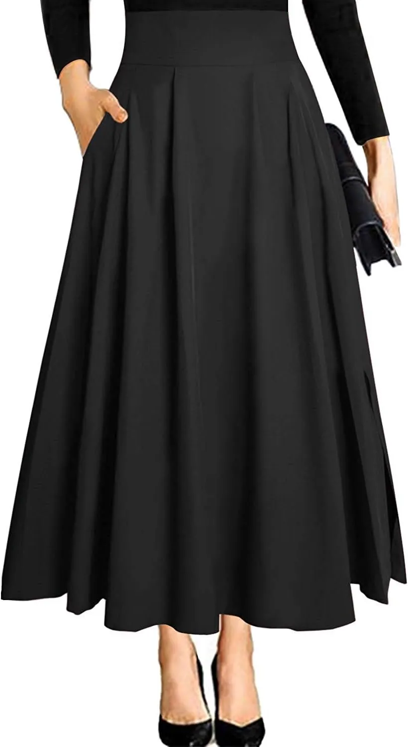 RANPHEE Women's Ankle Length High Waist A-line Flowy Long Maxi Skirt with Pockets
