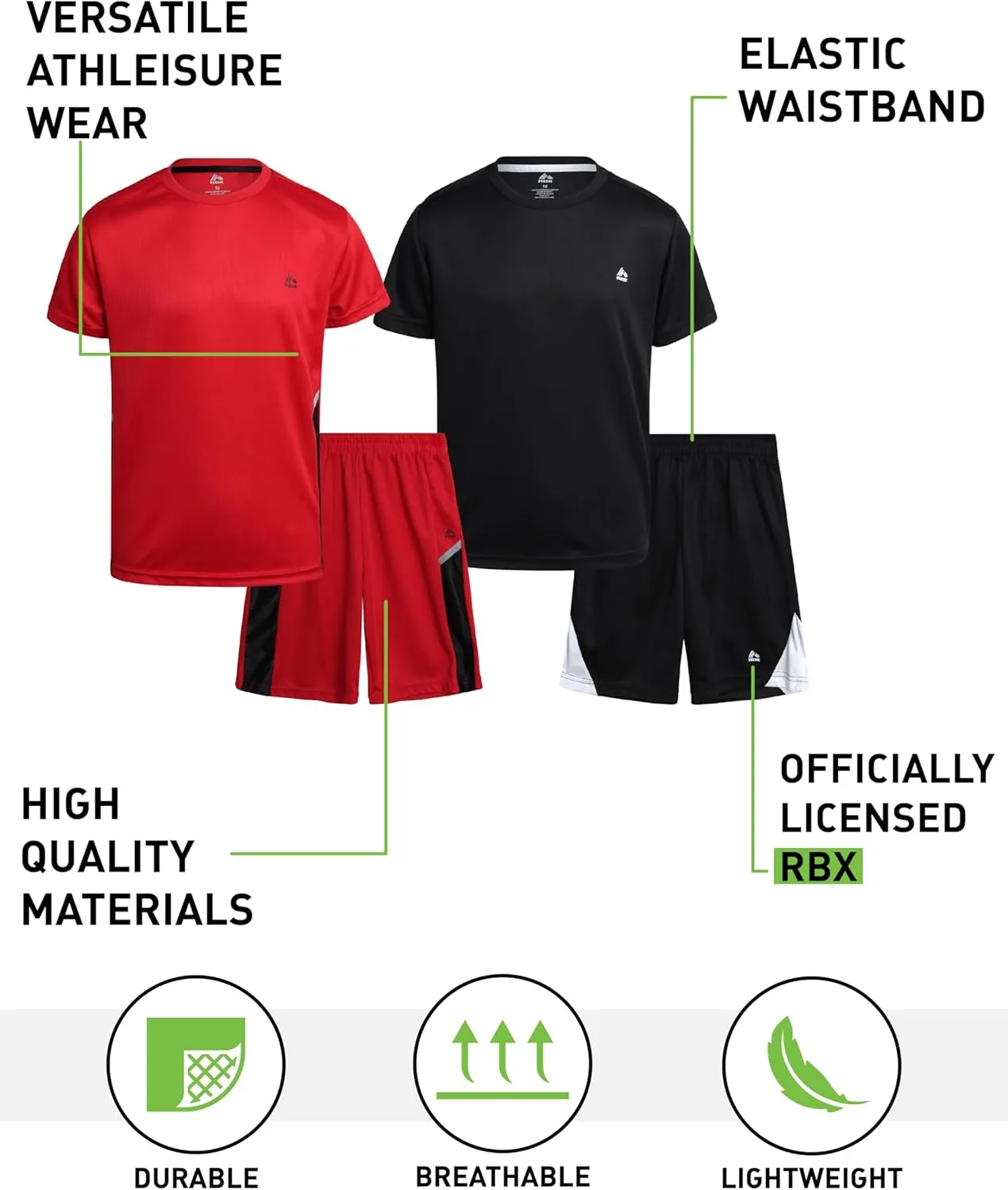 RBX Boys' Active Shorts Set - 4 Piece Lightweight Athletic T-Shirt and Gym Shorts - Clothing Set for Boys (Sizes: 4-12)