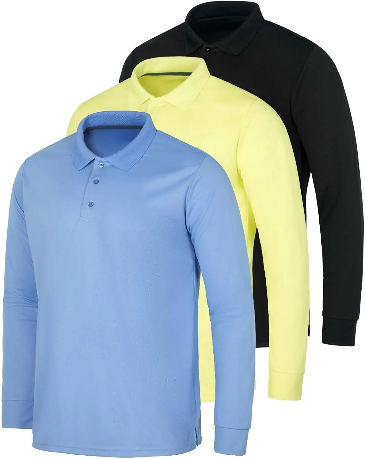 Real Essentials 3 Pack Men's Dry Fit Long-Sleeve Active Polo Shirt Casual Performance Golf (Available in Big & Tall)