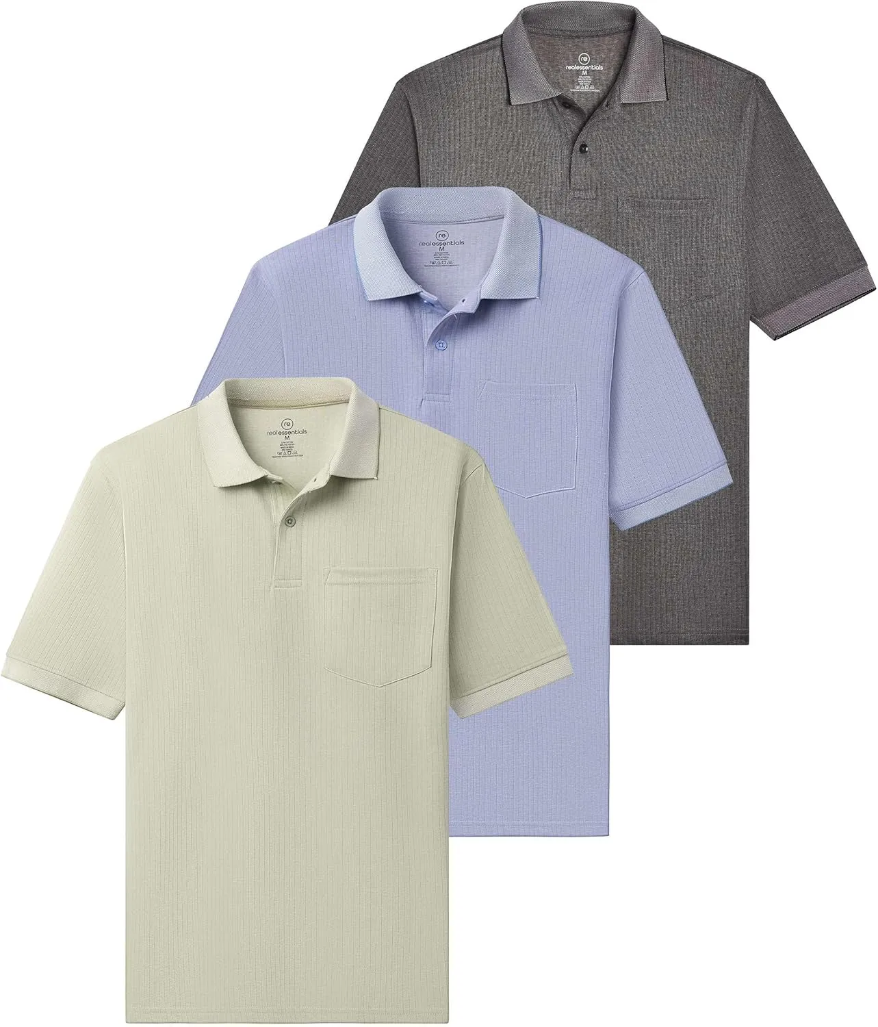Real Essentials 3 Pack: Men's Regular-Fit Ribbed Polo Shirt with Pocket (Available in Big & Tall)