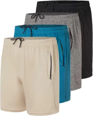 Real Essentials 4 Pack: Men's 5" Mesh Quick-Dry Athletic Running Gym Shorts with Zipper Pockets (Available in Big & Tall)