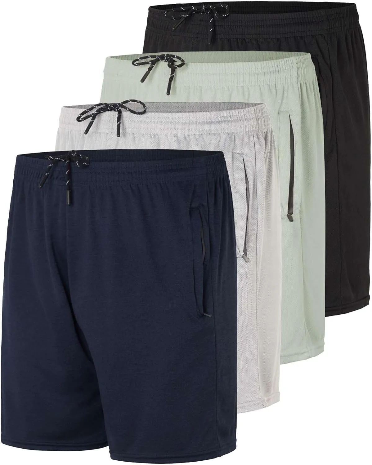 Real Essentials 4 Pack: Men's 5" Mesh Quick-Dry Athletic Running Gym Shorts with Zipper Pockets (Available in Big & Tall)