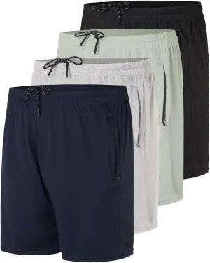 Real Essentials 4 Pack: Men's 5" Mesh Quick-Dry Athletic Running Gym Shorts with Zipper Pockets (Available in Big & Tall)