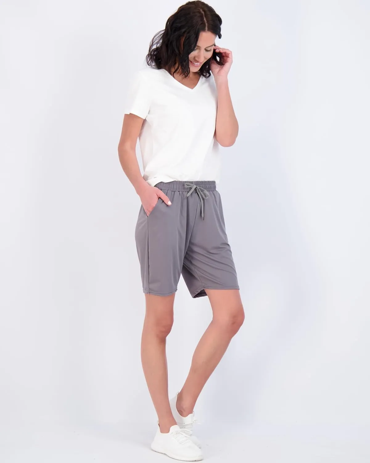 Real Essentials 4 Pack: Women's Dry-Fit Athletic 7" Bermuda Long High Waisted Running Shorts (Available in Plus Size)
