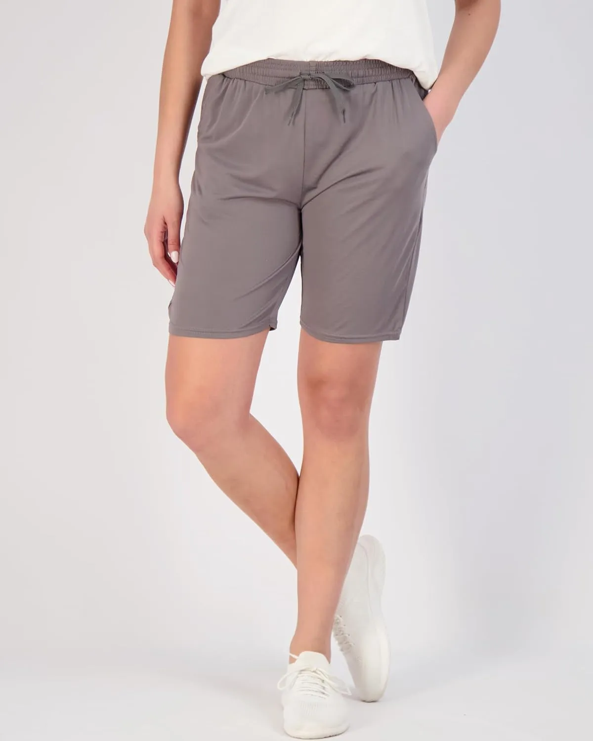 Real Essentials 4 Pack: Women's Dry-Fit Athletic 7" Bermuda Long High Waisted Running Shorts (Available in Plus Size)