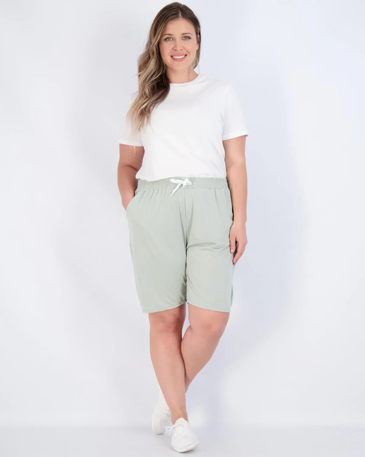 Real Essentials 4 Pack: Women's Dry-Fit Athletic 7" Bermuda Long High Waisted Running Shorts (Available in Plus Size)