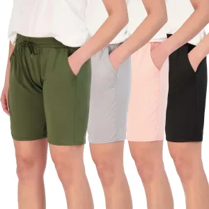 Real Essentials 4 Pack: Women's Dry-Fit Athletic 7" Bermuda Long High Waisted Running Shorts (Available in Plus Size)