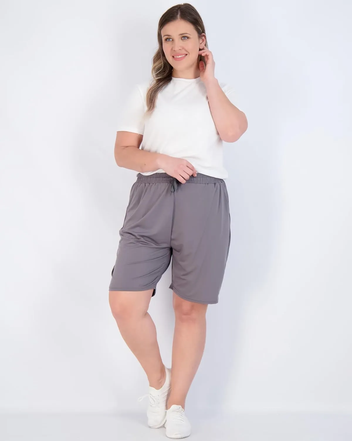 Real Essentials 4 Pack: Women's Dry-Fit Athletic 7" Bermuda Long High Waisted Running Shorts (Available in Plus Size)