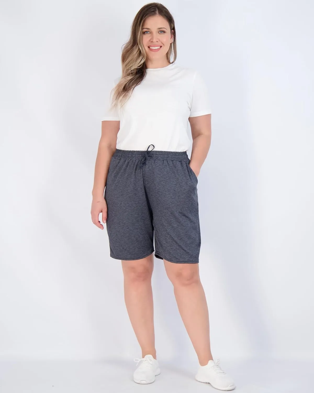 Real Essentials 4 Pack: Women's Dry-Fit Athletic 7" Bermuda Long High Waisted Running Shorts (Available in Plus Size)