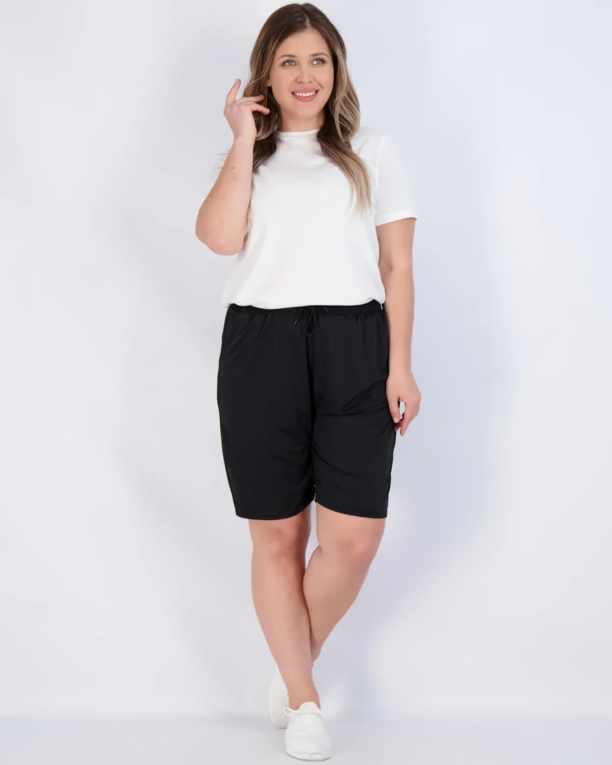 Real Essentials 4 Pack: Women's Dry-Fit Athletic 7" Bermuda Long High Waisted Running Shorts (Available in Plus Size)