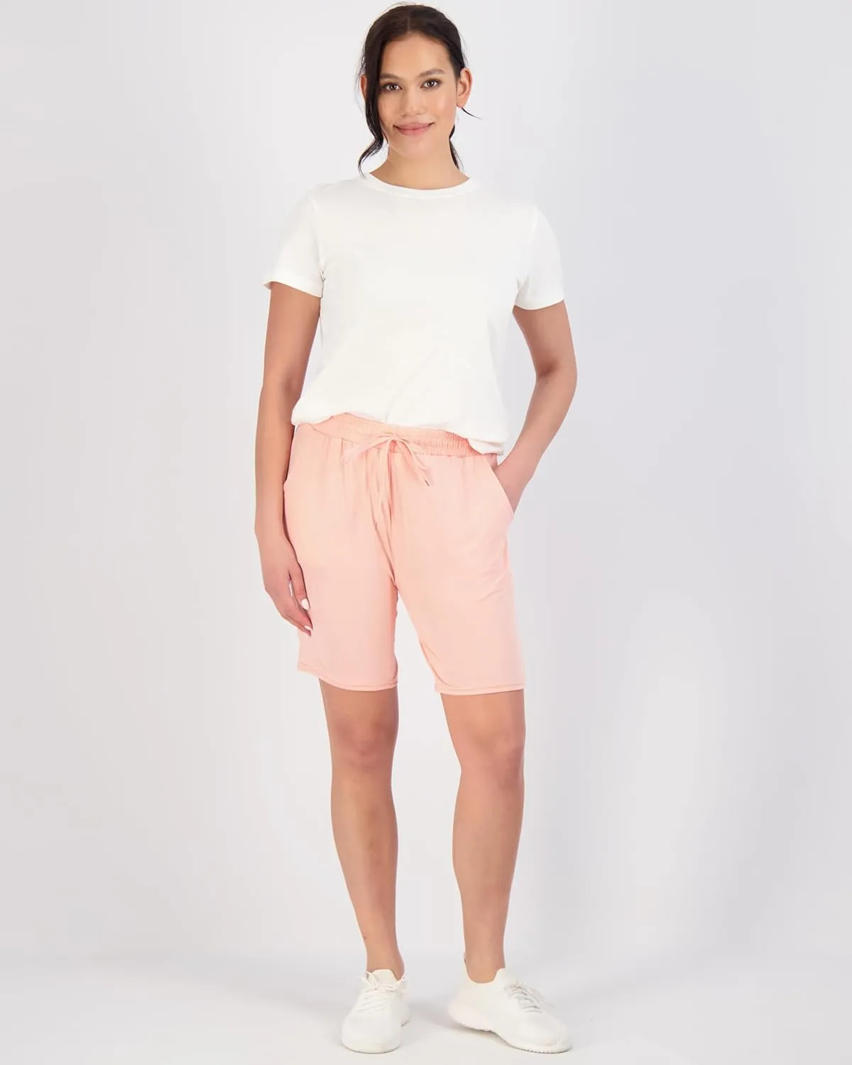 Real Essentials 4 Pack: Women's Dry-Fit Athletic 7" Bermuda Long High Waisted Running Shorts (Available in Plus Size)