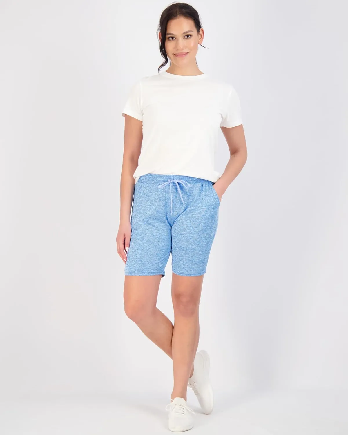 Real Essentials 4 Pack: Women's Dry-Fit Athletic 7" Bermuda Long High Waisted Running Shorts (Available in Plus Size)