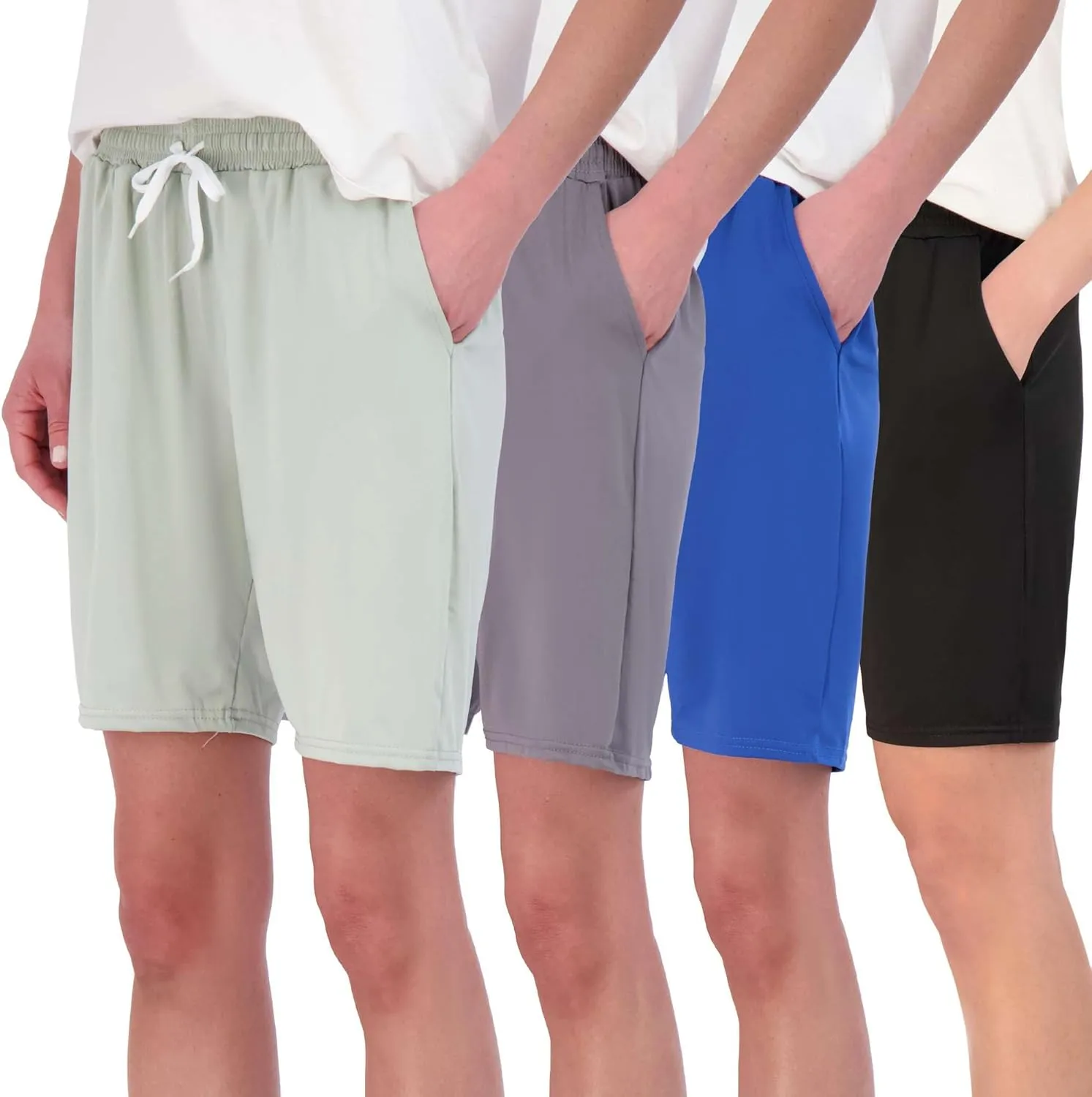 Real Essentials 4 Pack: Women's Dry-Fit Athletic 7" Bermuda Long High Waisted Running Shorts (Available in Plus Size)